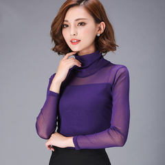 Autumn and winter new large size women's shirt with thickened cashmere turtleneck gauze lace shirt female long sleeved T-shirt 3XL 639 purple