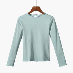 Black and white knitted shirt female long sleeve shirt collar Strapless tops lady 2017 autumn tide M Small round collar jade green