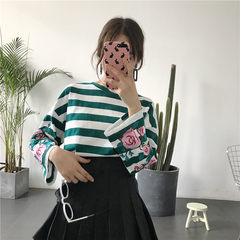 Chic Hong Kong Institute of wind wind all-match loose thin long sleeved T-shirt Harajuku girls shirt jacket simple autumn F 10 green stripes