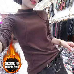 Autumn and winter all-match half bottoming shirt with cashmere turtleneck long sleeved T-shirt dress slim thickened cotton sanded top tide 3XL Coffee Brown