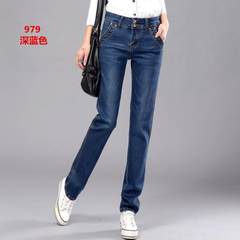 New winter straight jeans pants high waist loose Han thin plus velvet thickened straight legged leisure wide leg 30 (2 feet 3- suggest 120-129 Jin) Dark blue (976)