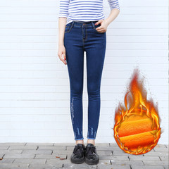 Autumn and winter with Korean students high waisted Jeans Girl elastic thin cashmere new slim pencil pants feet long Twenty-seven Embroidered Blue Velvet