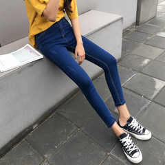 Autumn and winter with Korean students high waisted Jeans Girl elastic thin cashmere new slim pencil pants feet long Twenty-seven Cat's beard pure blue (quality Edition)
