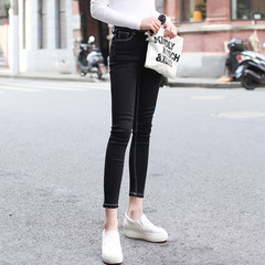 Autumn and winter with Korean students high waisted Jeans Girl elastic thin cashmere new slim pencil pants feet long Twenty-seven White line black (high quality Edition)