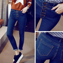 Autumn and winter with Korean students high waisted Jeans Girl elastic thin cashmere new slim pencil pants feet long Twenty-seven Dark blue five button (quality Edition)