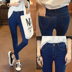 Autumn and winter with Korean students high waisted Jeans Girl elastic thin cashmere new slim pencil pants feet long Twenty-seven Pure blue (Premium Edition)