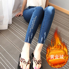 In the autumn of 2017 new high waisted jeans and cashmere schoolgirl Korean slim slim stretch pencil pants feet Collection baby / priority delivery Embroidered Blue Velvet
