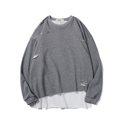 Autumn and winter sweater Korean male hole loose T-shirt trend student jumper Harajuku tracksuit top M gray