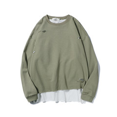 Autumn and winter sweater Korean male hole loose T-shirt trend student jumper Harajuku tracksuit top M Pale green