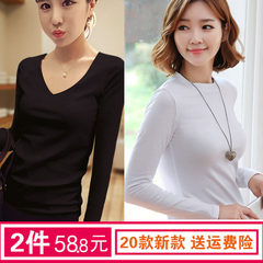 2017 new shirt female long sleeved autumn and winter all-match cotton T-shirt black velvet collar slim and thickening of the Korean version of the V 3XL No velvet V collar black + no velvet collar white