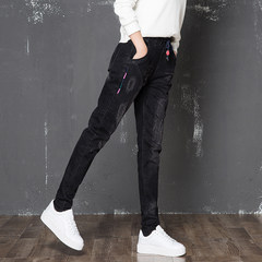 Elastic waist jeans loose female Korean students fall 2017 new BF size mm all-match fat Haren pants 26 (85-95 Jin) black