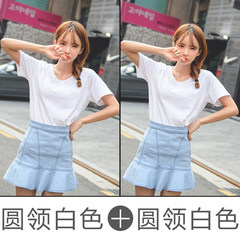 [2 pieces] students summer pure white short sleeved T-shirt, female V collar loose cotton color bottoming shirt, Korean T-shirt S Round neck white + round neck white