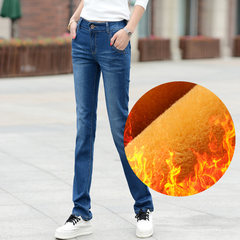 The spring and autumn new high waist straight jeans female slacks with velvet 2017 autumn Korean slim slim pants 26 yards [1 feet 9] blue