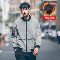 Spring and winter embroidery corduroy, Korean style thickening jacket, cotton jacket, ulzzang jacket, male students, Hong Kong Style baseball clothes 3XL Grey (cotton clip)
