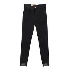 South Korea QIQI autumn slim slim trousers elastic notch burr high waist jeans pencil pants female feet S black