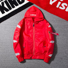 Japanese embroidery MA-1 pilot jacket baseball uniform winter Harajuku couples and women tide brand thickened padded jacket XL Red with cap [cotton clip]