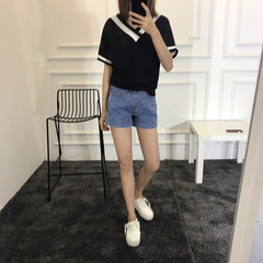 In the autumn of 2017 women's new loose thin long sleeved T-shirt V shirt s casual jacket all-match students S Black short sleeve