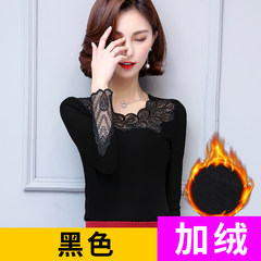 Female short sleeved lace shirt 2017 new winter coat all-match gauze plus velvet collar bright silk T-shirt 3XL [black]