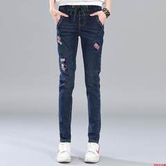 Korean winter female Jeans Plus velvet size elastic waist thickened stretch slim Haren turnip skinny pants 26 yards a foot nine 805# dark blue regular