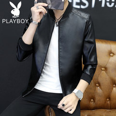 Playboy leather man, autumn baseball collar, leather jacket, young men's wear, leisure spring and autumn, men's coat tide 3XL black