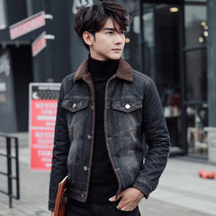 Autumn and winter adolescent lamb hair collar denim coat, men's thickening, Korean style lapel collar jacket, cotton padded jacket 3XL Add a cashmere