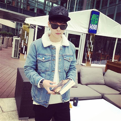 The wind in autumn and winter in Hong Kong BF denim jacket men's casual jacket loose trend of Korean students all-match handsome clothes XL code recommended 120-135 Jin wear Light blue [Plush]