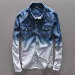 Pure cotton jeans shirt, men's long sleeves, youth wash, slim students, casual jeans shirt, men's coat 3XL Gradient color