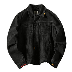 Red autumn American retro Metrosexual Embroidered Denim Jacket Japanese Short slim youth Lapel coat M black