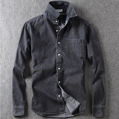 The spring and autumn new denim shirt sleeved jacket slim Korean handsome, thin shirt collar 3XL Black grey