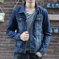 2017新款牛仔外套男青年修身长袖上衣男学生韩版潮流帅气休闲夹克 3XL 深蓝色
