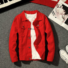 The reds with a denim jacket - male Korean cultivating social spirit small autumn and winter coat youth tide 3XL gules