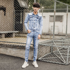 In the spring and Autumn period, denim suits, men's fashion, Korean jeans, suits, students, handsome clothes, two sets L tops 32 pants Light blue (003 sets)