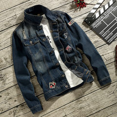 Spring and autumn men hole denim jacket jacket male Korean youth men's fashion gown student coat 3XL Blue gray