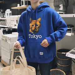 Winter hooded men sweater cashmere and thickening trend of Korean students relaxed autumn autumn wind coat BF lovers M blue