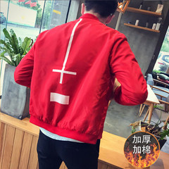 Autumn and winter trend men's baseball wear, young men's men's big size jacket, Korean red cotton jacket 3XL Red thickening