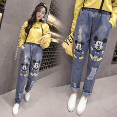 Large size mm2017 new jeans pants fall fat female Korean students BF all-match loose thin pants tide 3XL Wathet