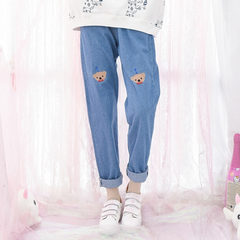 Mori girl cartoon straight jeans tribal elastic waist loose pants pants pants 2017 New Cute embroidery S blue