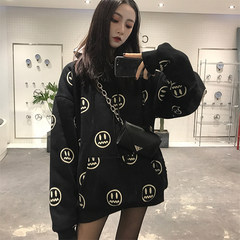 In the tide of 17SS pocket devil kid face printing smile Hoodie loose tide cashmere hoodie with a couple of men and women S Black (with velvet)