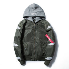 Autumn and winter the Japanese youth baseball uniform Harajuku embroidery pilot jacket hooded men and women lovers tide brand thick coat 3XL Army green [winter cotton with cap removable]