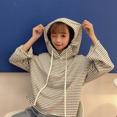 2017 autumn new dress Korean stripes Hooded Jacket all-match loose long sleeved T-shirt students F Gray stripe