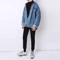 2017 South Korea new style Korean oversize jeans coat, men's back jacket, jeans, men's and women's fashion M blue