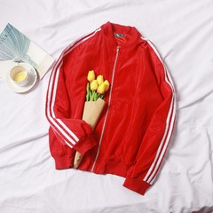 Jacket, male, spring and autumn, three bar stripe, loose BF wind coat, male Korean version, handsome baseball player, male sport M Red (7011 jacket)