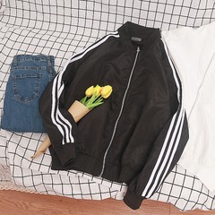 Jacket, male, spring and autumn, three bar stripe, loose BF wind coat, male Korean version, handsome baseball player, male sport M Black (7011 jacket)