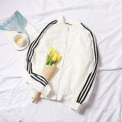 Jacket, male, spring and autumn, three bar stripe, loose BF wind coat, male Korean version, handsome baseball player, male sport M White (7011 jacket)