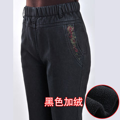 In elderly women's mother and grandmother winter trousers pants pants cashmere elderly elastic waist jeans thickening 3XL Black [Plush money]