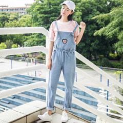Korean cute girl, Sweet Autumn Wind Love embroidery all-match loose Denim Bib straight pants S Wathet