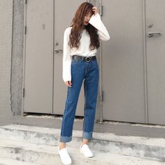 2017 new spring straight edge jeans female Korean students loose waisted all-match nine pants BF wave S 06 in 809 to send the blue trousers belt