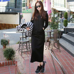 Autumn and winter Korean fashion leisure cap plus suede dress, long length of self-cultivation slim slim sleeve, hip dress, bottoming skirt Freight transport insurance 15 days mail return black