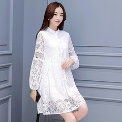 Special offer every day new large size women backing Korean fashion in the long skirt collar lace dress S white