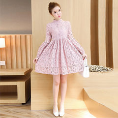 Special offer every day new large size women backing Korean fashion in the long skirt collar lace dress S Pink